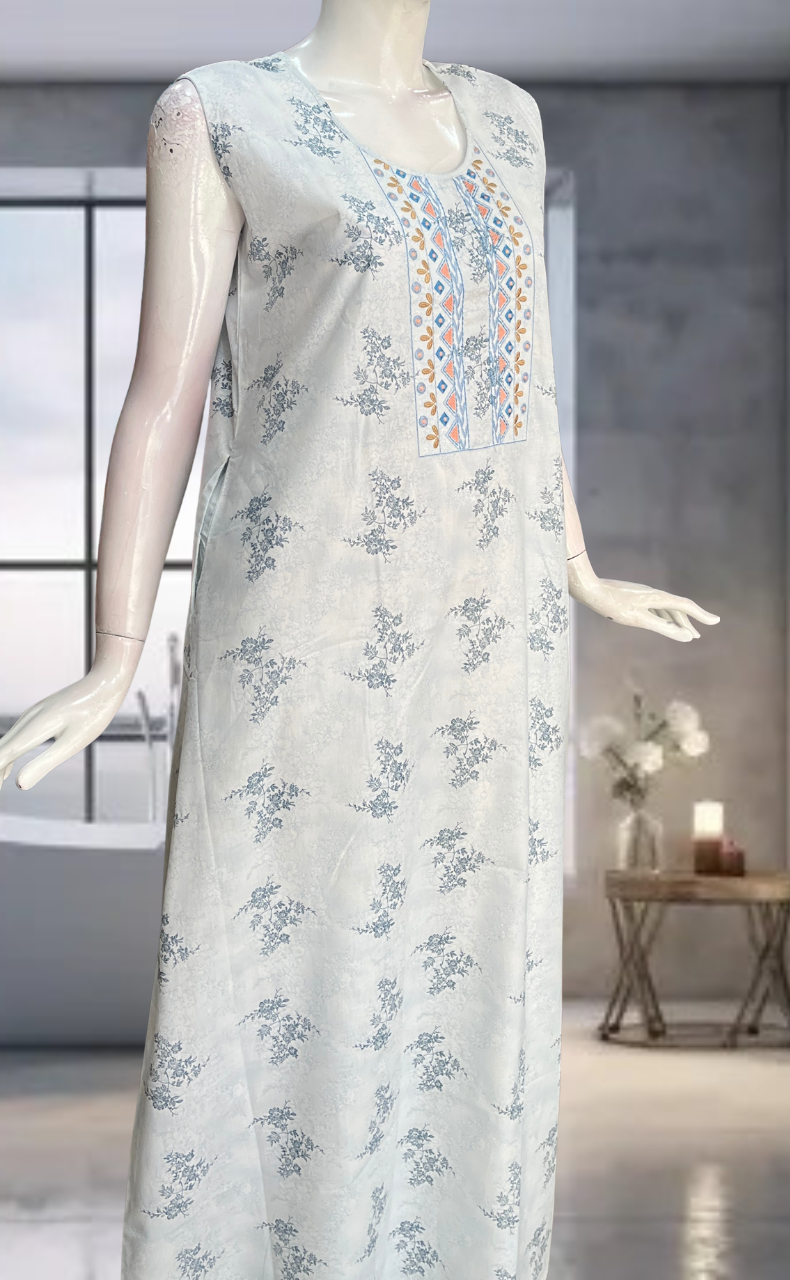 Light Blue Floral Pure Cotton Sleeveless Nighty. Pure Durable Cotton | Laces and Frills