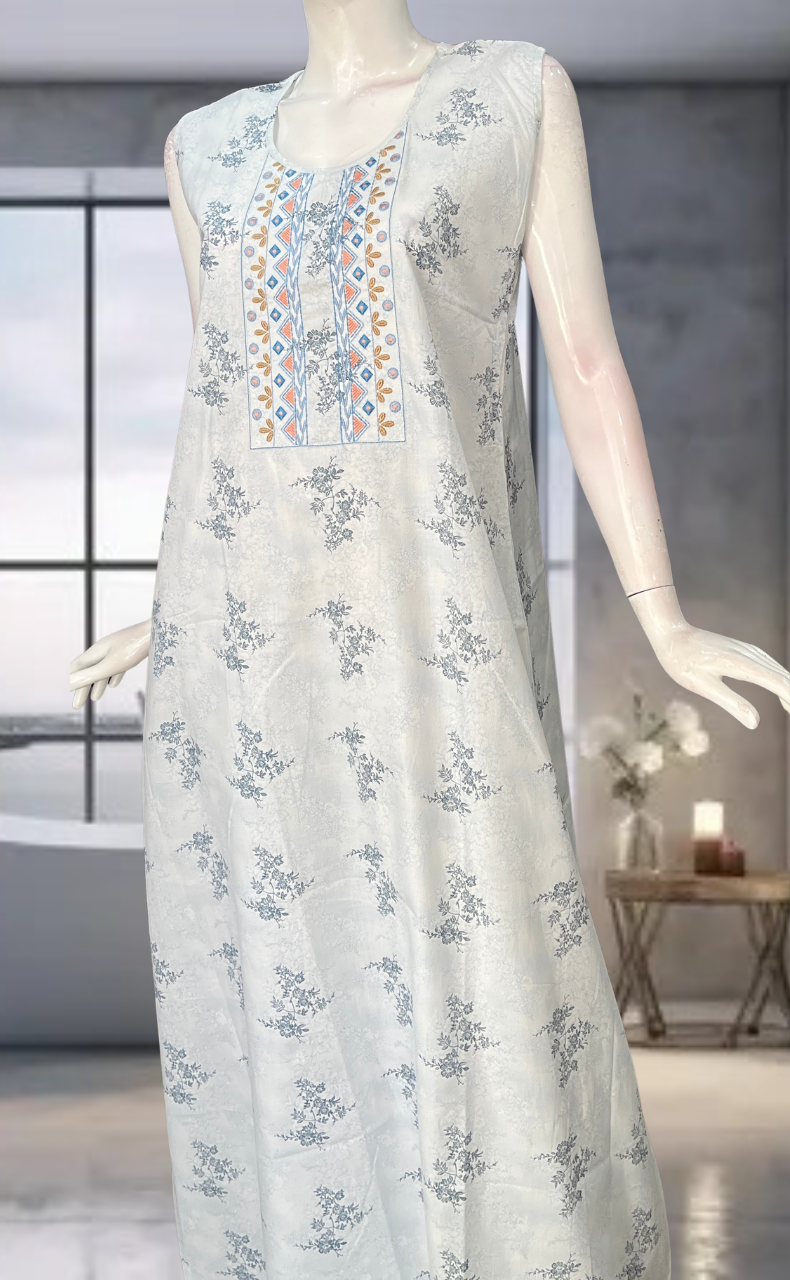 Light Blue Floral Pure Cotton Sleeveless Nighty. Pure Durable Cotton | Laces and Frills