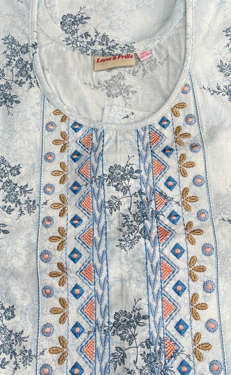 Light Blue Floral Pure Cotton Sleeveless Nighty. Pure Durable Cotton | Laces and Frills