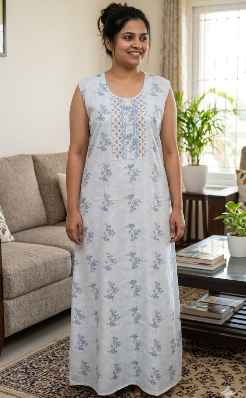 Light Blue Floral Pure Cotton Sleeveless Nighty. Pure Durable Cotton | Laces and Frills