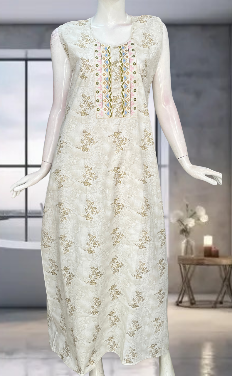 Off White Floral Pure Cotton Sleeveless Nighty. Pure Durable Cotton | Laces and Frills