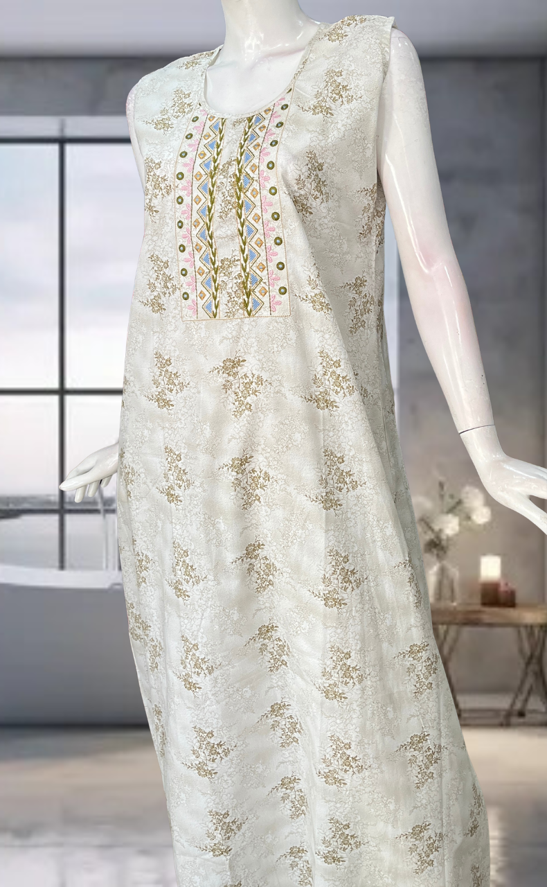 Off White Floral Pure Cotton Sleeveless Nighty. Pure Durable Cotton | Laces and Frills