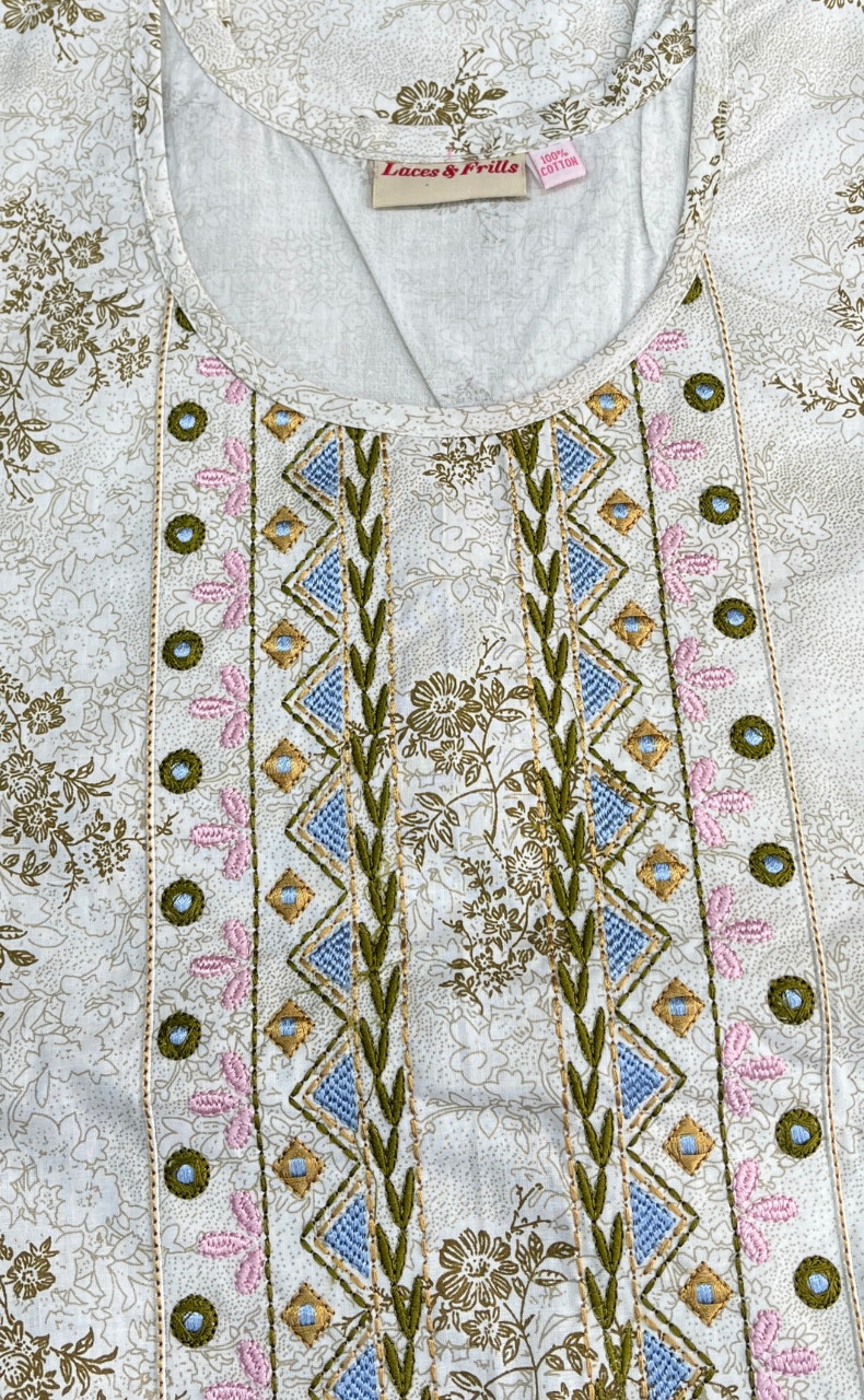 Off White Floral Pure Cotton Sleeveless Nighty. Pure Durable Cotton | Laces and Frills
