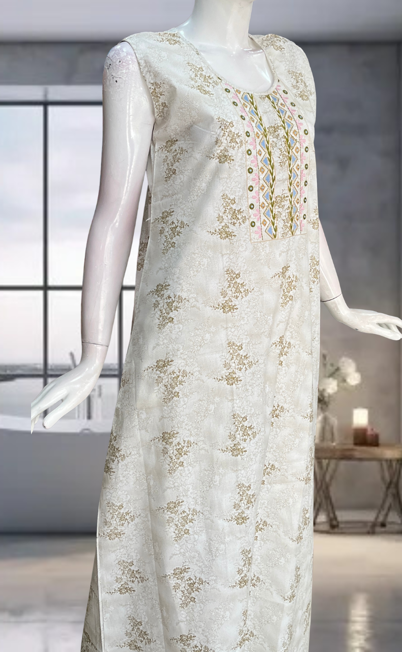 Off White Floral Pure Cotton Sleeveless Nighty. Pure Durable Cotton | Laces and Frills