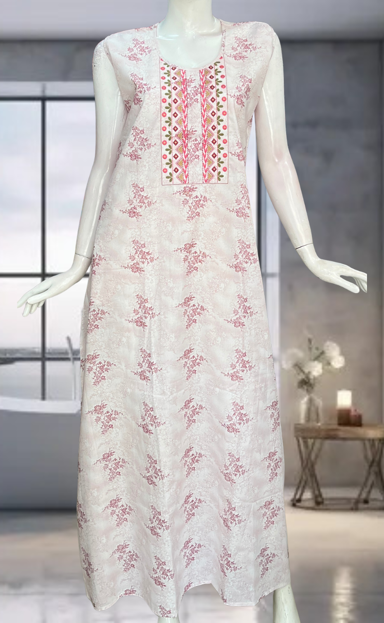 Pink Floral Pure Cotton Sleeveless Nighty. Pure Durable Cotton | Laces and Frills