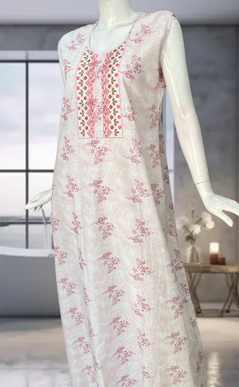 Pink Floral Pure Cotton Sleeveless Nighty. Pure Durable Cotton | Laces and Frills