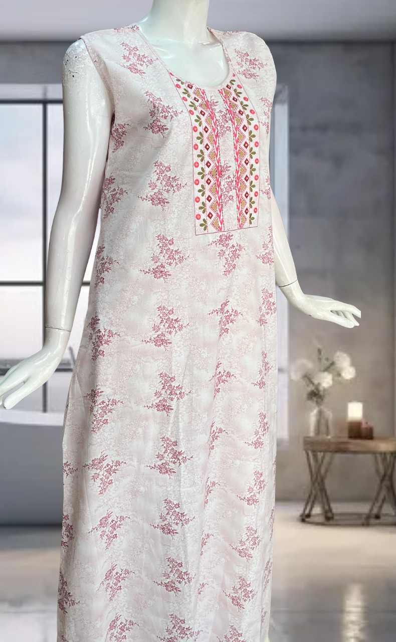 Pink Floral Pure Cotton Sleeveless Nighty. Pure Durable Cotton | Laces and Frills