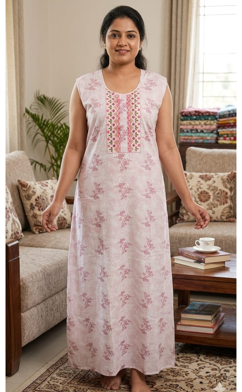 Pink Floral Pure Cotton Sleeveless Nighty. Pure Durable Cotton | Laces and Frills