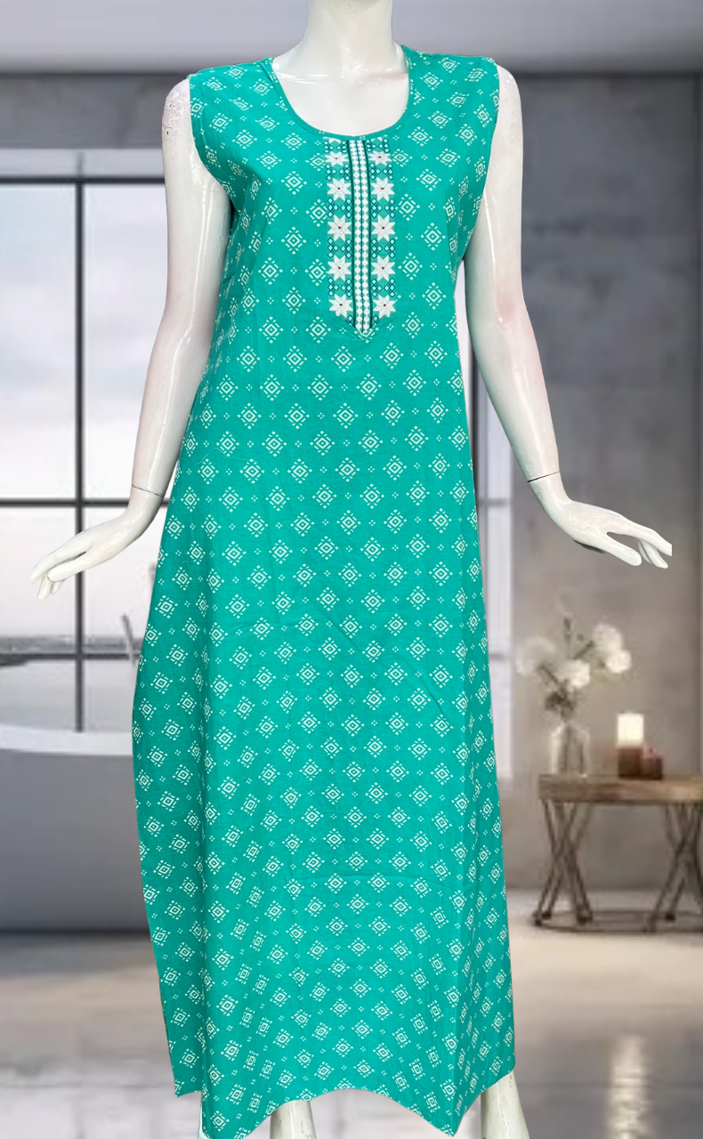 Sea Green Abstract Pure Cotton Sleeveless Nighty. Pure Durable Cotton | Laces and Frills