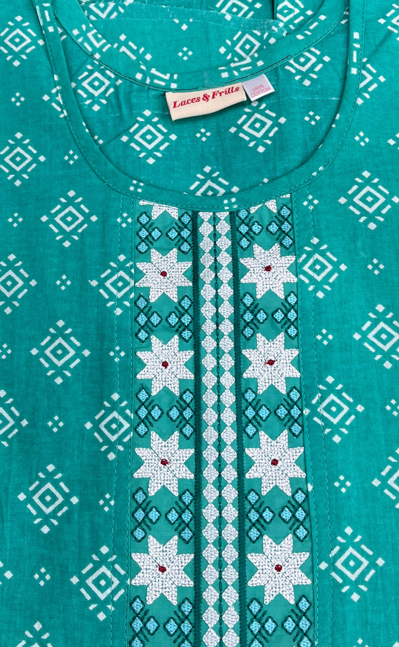 Sea Green Abstract Pure Cotton Sleeveless Nighty. Pure Durable Cotton | Laces and Frills