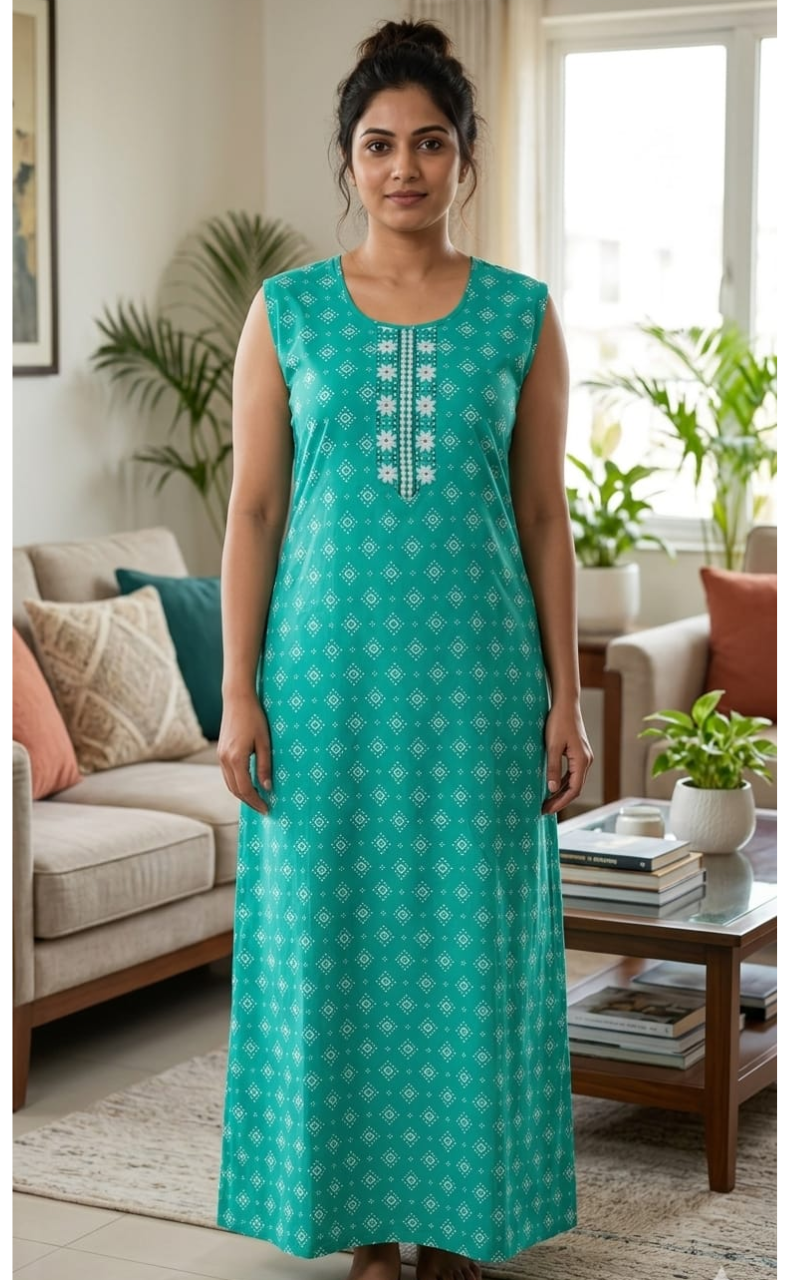 Sea Green Abstract Pure Cotton Sleeveless Nighty. Pure Durable Cotton | Laces and Frills