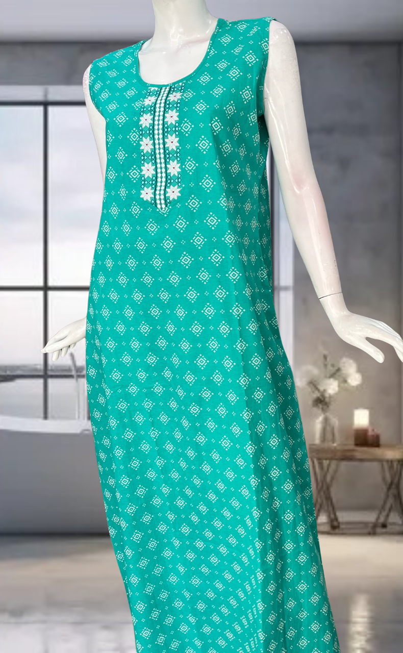 Sea Green Abstract Pure Cotton Sleeveless Nighty. Pure Durable Cotton | Laces and Frills