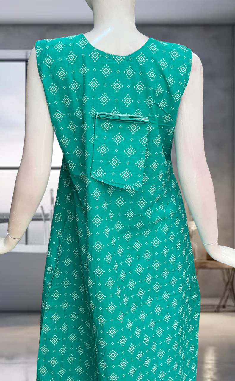 Sea Green Abstract Pure Cotton Sleeveless Nighty. Pure Durable Cotton | Laces and Frills