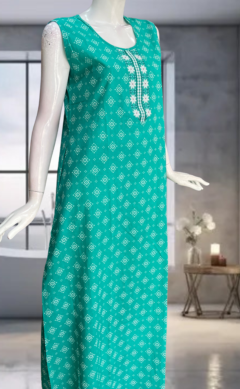 Sea Green Abstract Pure Cotton Sleeveless Nighty. Pure Durable Cotton | Laces and Frills