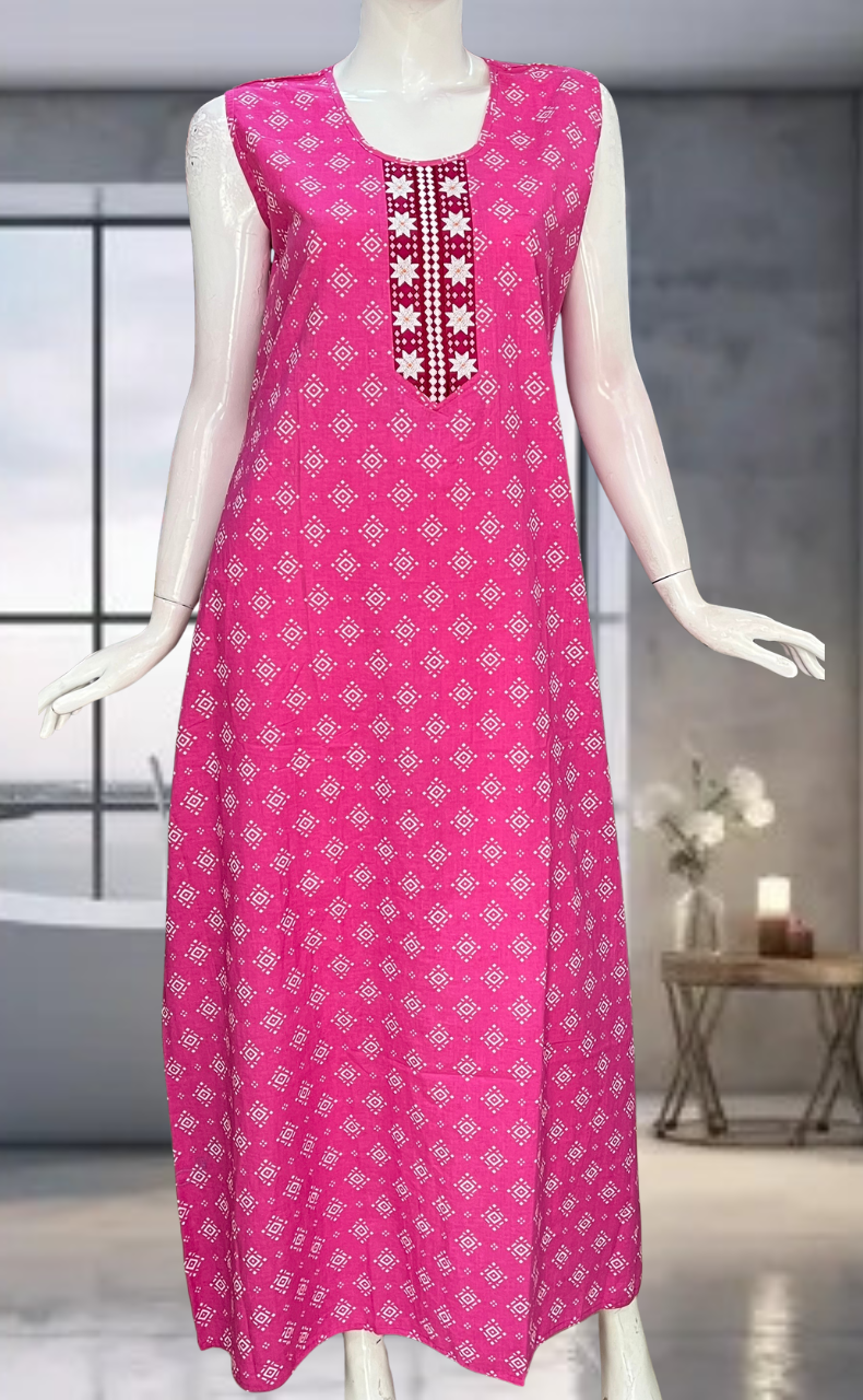 Pink Abstract Pure Cotton Sleeveless Nighty. Pure Durable Cotton | Laces and Frills