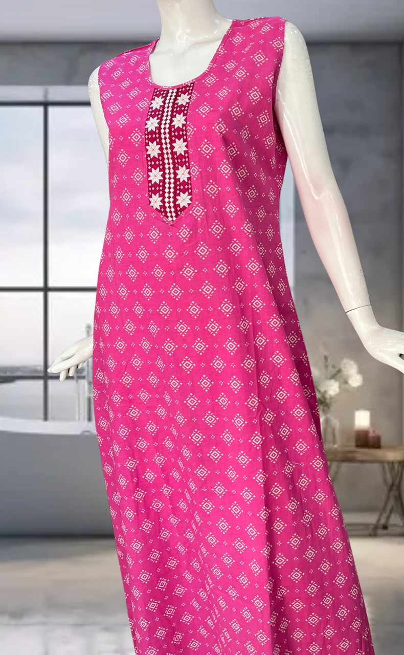 Pink Abstract Pure Cotton Sleeveless Nighty. Pure Durable Cotton | Laces and Frills