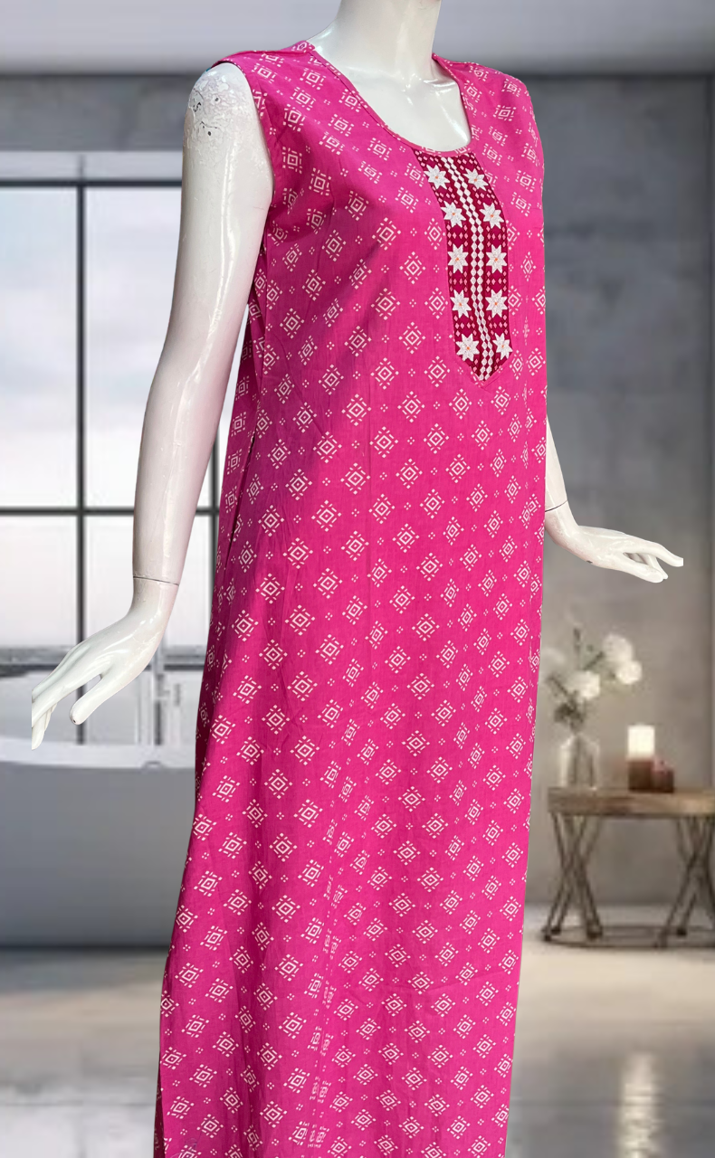 Pink Abstract Pure Cotton Sleeveless Nighty. Pure Durable Cotton | Laces and Frills