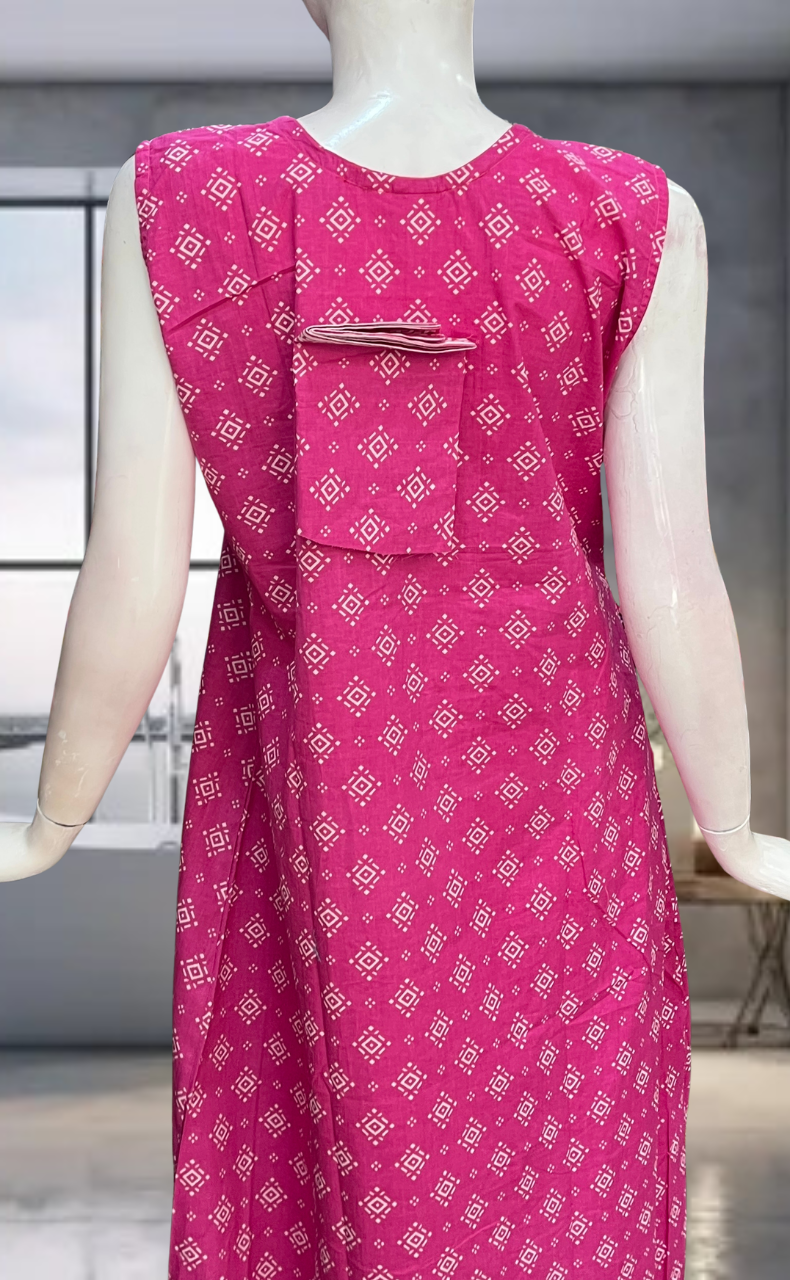 Pink Abstract Pure Cotton Sleeveless Nighty. Pure Durable Cotton | Laces and Frills