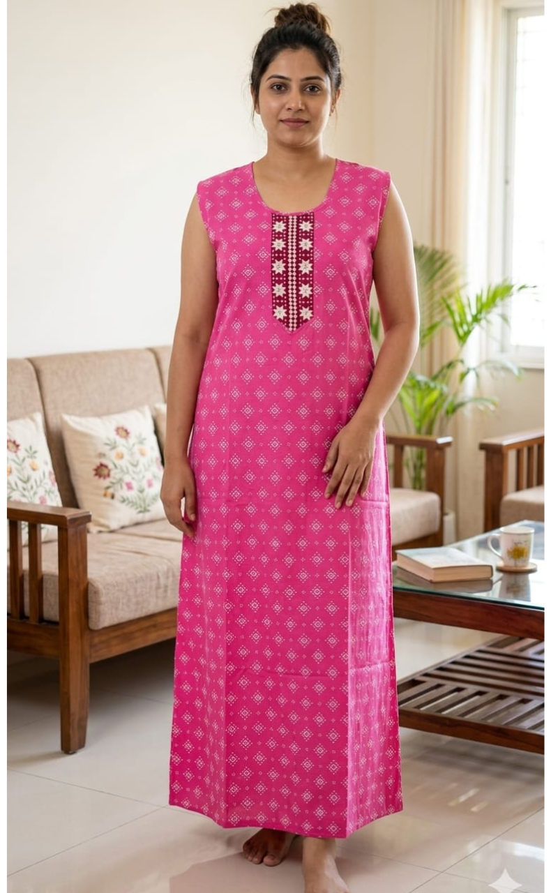 Pink Abstract Pure Cotton Sleeveless Nighty. Pure Durable Cotton | Laces and Frills