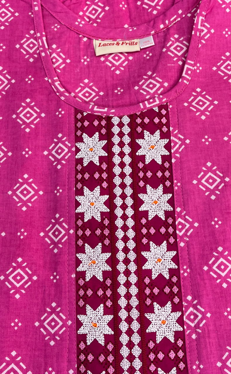 Pink Abstract Pure Cotton Sleeveless Nighty. Pure Durable Cotton | Laces and Frills