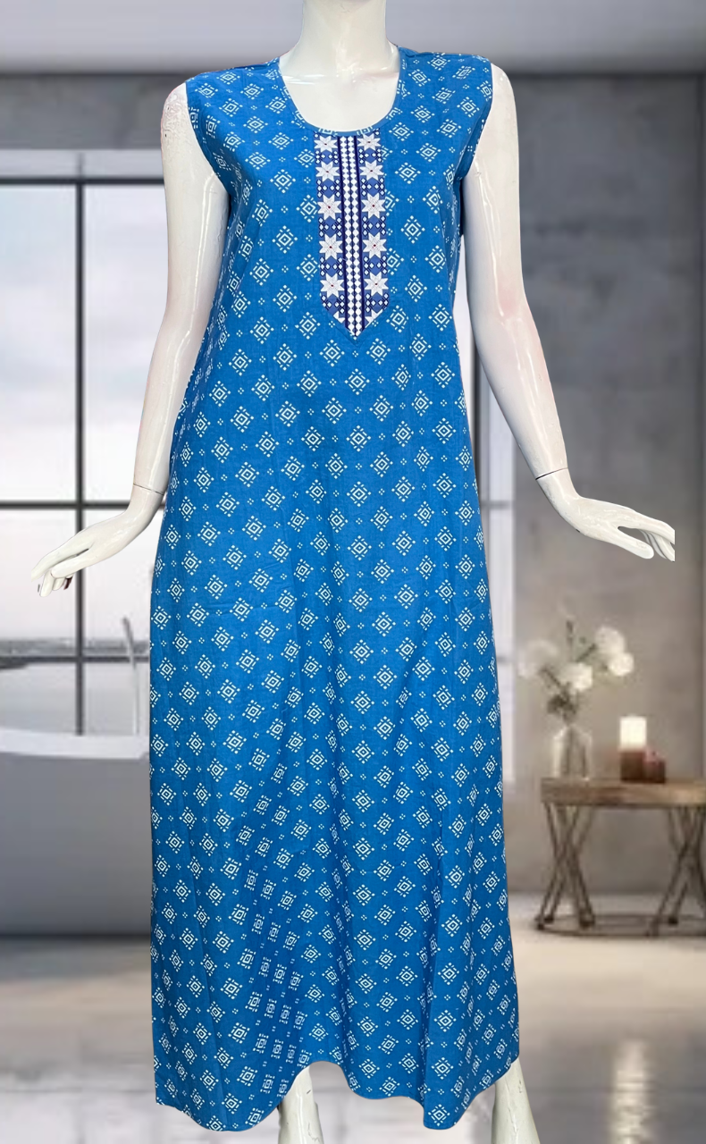 Blue Abstract Pure Cotton Sleeveless Nighty. Pure Durable Cotton | Laces and Frills