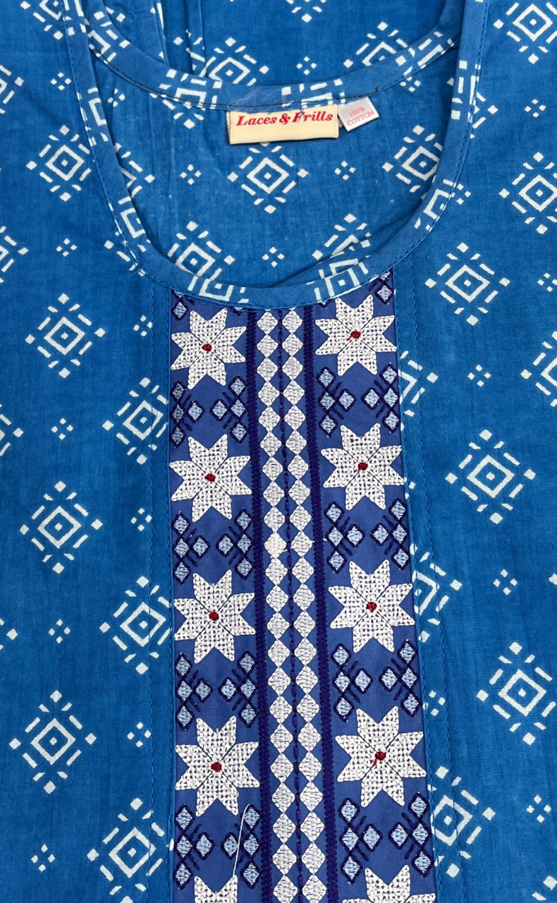 Blue Abstract Pure Cotton Sleeveless Nighty. Pure Durable Cotton | Laces and Frills