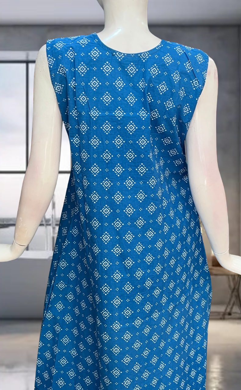 Blue Abstract Pure Cotton Sleeveless Nighty. Pure Durable Cotton | Laces and Frills