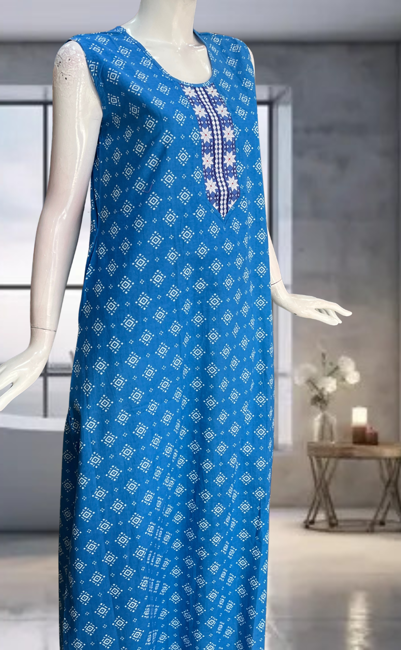 Blue Abstract Pure Cotton Sleeveless Nighty. Pure Durable Cotton | Laces and Frills