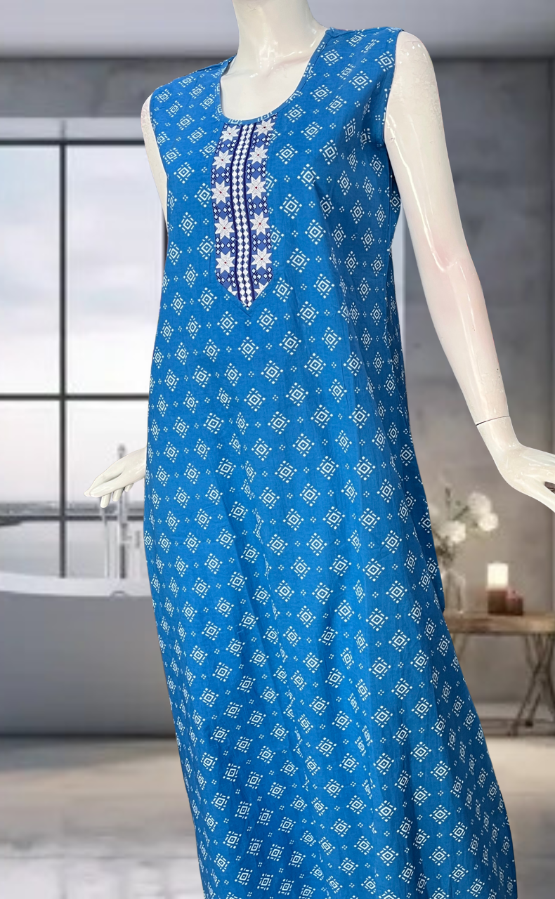 Blue Abstract Pure Cotton Sleeveless Nighty. Pure Durable Cotton | Laces and Frills