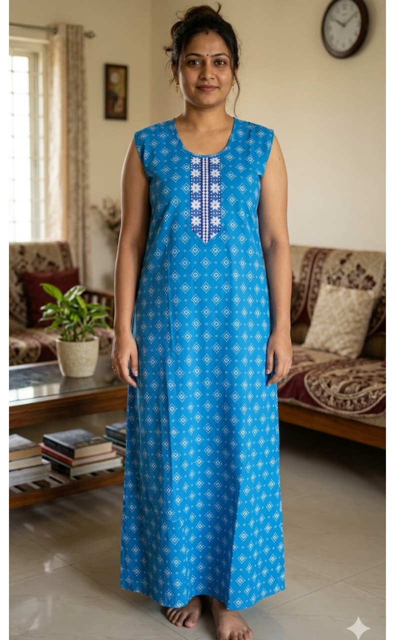 Blue Abstract Pure Cotton Sleeveless Nighty. Pure Durable Cotton | Laces and Frills