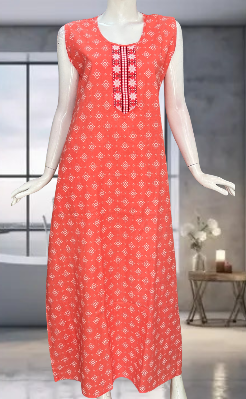 Peach Abstract Pure Cotton Sleeveless Nighty. Pure Durable Cotton | Laces and Frills