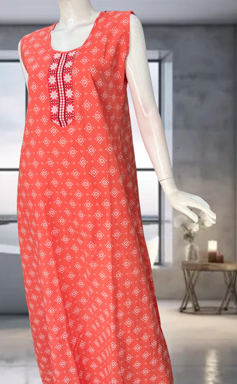 Peach Abstract Pure Cotton Sleeveless Nighty. Pure Durable Cotton | Laces and Frills