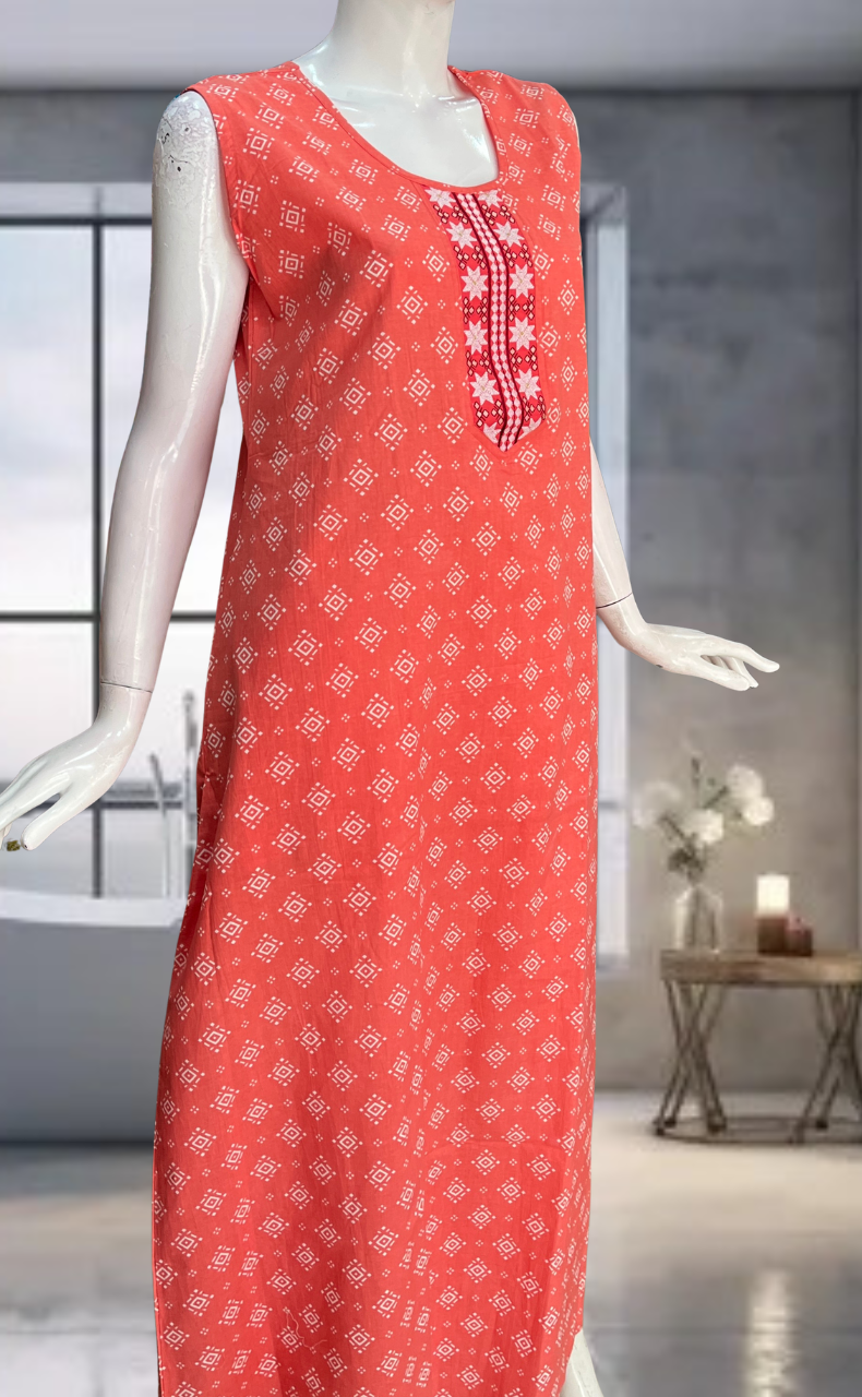 Peach Abstract Pure Cotton Sleeveless Nighty. Pure Durable Cotton | Laces and Frills