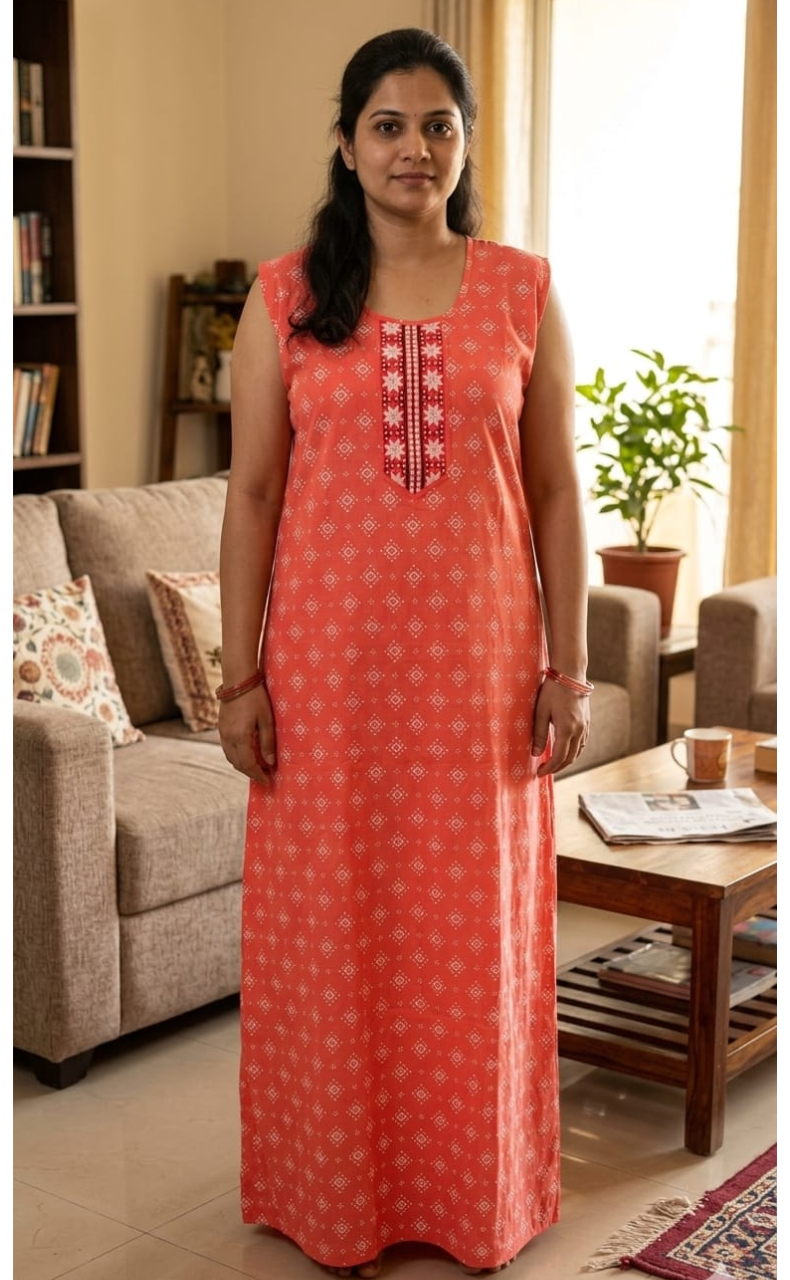 Peach Abstract Pure Cotton Sleeveless Nighty. Pure Durable Cotton | Laces and Frills