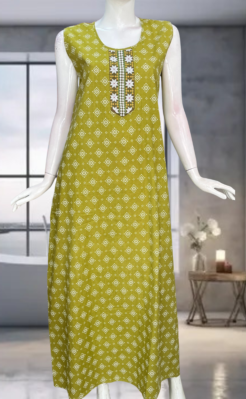 Green Abstract Pure Cotton Sleeveless Nighty. Pure Durable Cotton | Laces and Frills