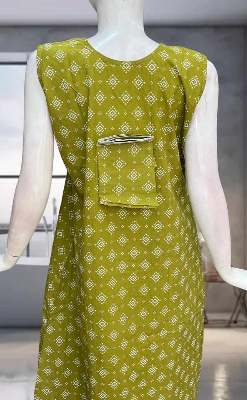 Green Abstract Pure Cotton Sleeveless Nighty. Pure Durable Cotton | Laces and Frills