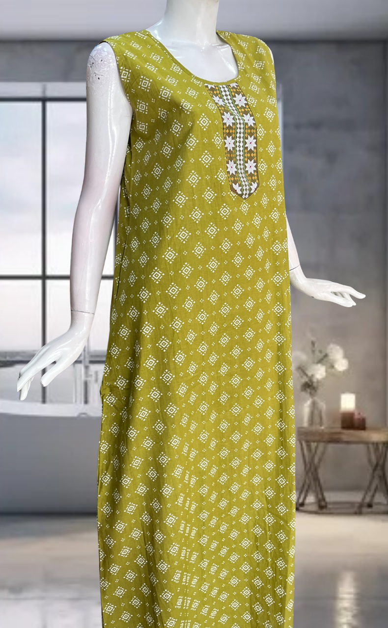 Green Abstract Pure Cotton Sleeveless Nighty. Pure Durable Cotton | Laces and Frills