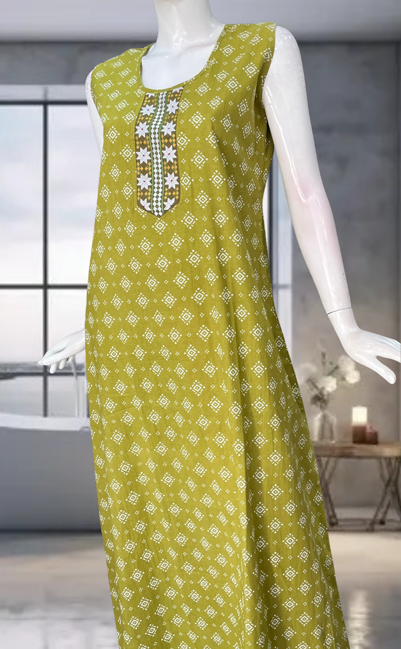 Green Abstract Pure Cotton Sleeveless Nighty. Pure Durable Cotton | Laces and Frills