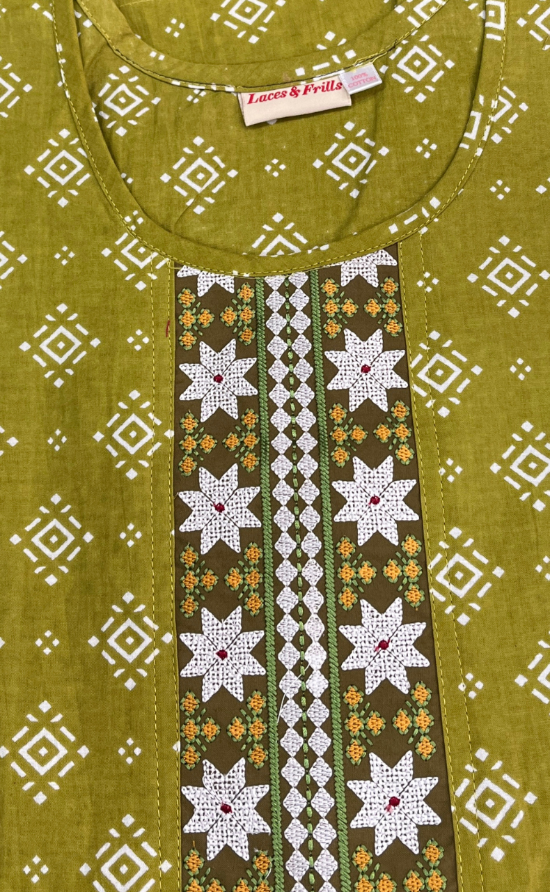 Green Abstract Pure Cotton Sleeveless Nighty. Pure Durable Cotton | Laces and Frills