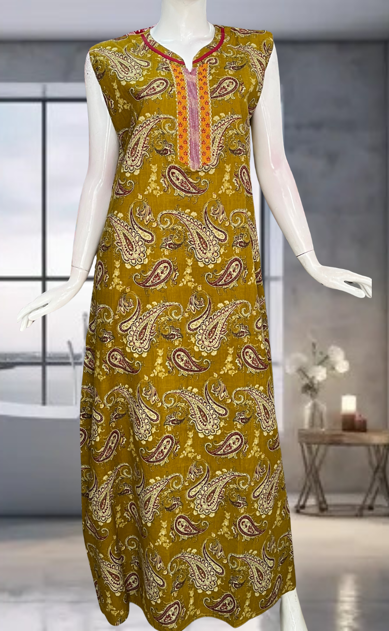 Mustard Paisley Print Pure Cotton Sleeveless Nighty. Pure Durable Cotton | Laces and Frills