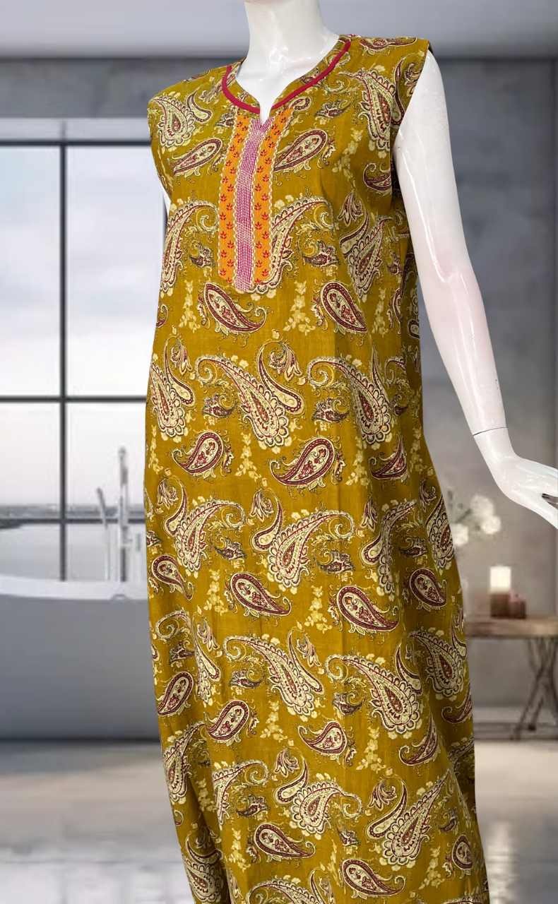 Mustard Paisley Print Pure Cotton Sleeveless Nighty. Pure Durable Cotton | Laces and Frills