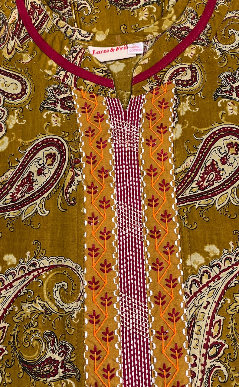 Mustard Paisley Print Pure Cotton Sleeveless Nighty. Pure Durable Cotton | Laces and Frills
