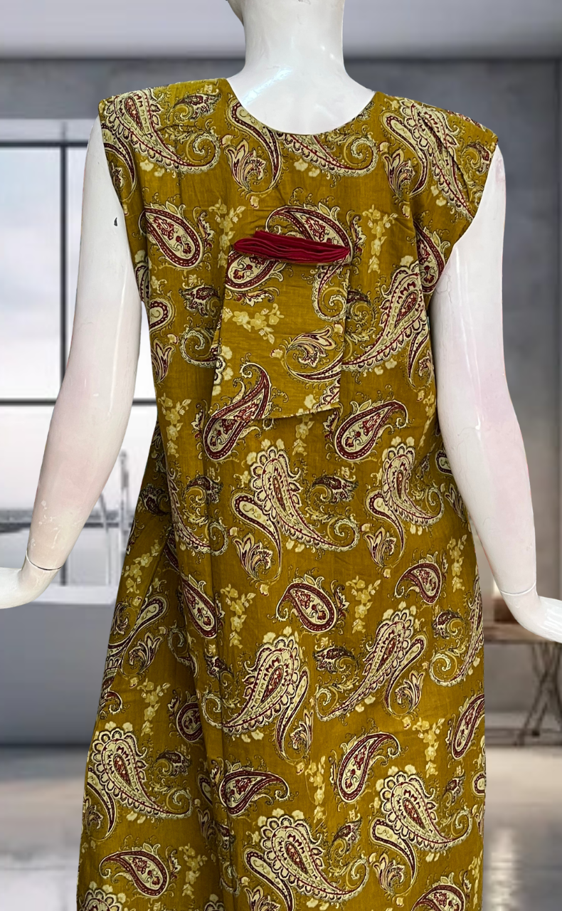 Mustard Paisley Print Pure Cotton Sleeveless Nighty. Pure Durable Cotton | Laces and Frills