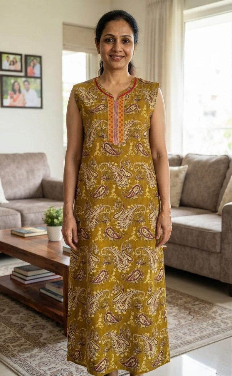 Mustard Paisley Print Pure Cotton Sleeveless Nighty. Pure Durable Cotton | Laces and Frills