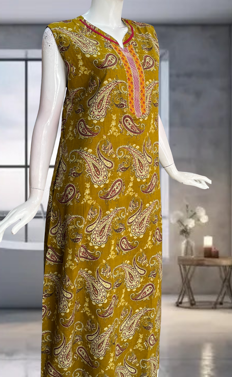 Mustard Paisley Print Pure Cotton Sleeveless Nighty. Pure Durable Cotton | Laces and Frills