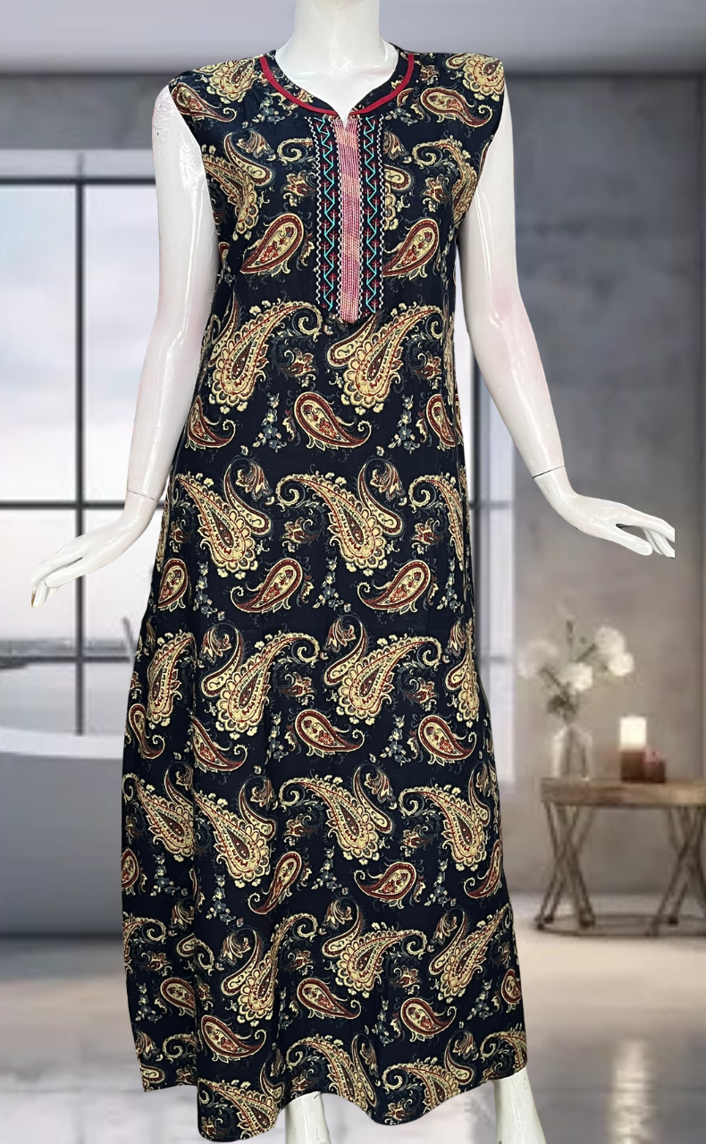 Navy Blue Paisley Print Pure Cotton Sleeveless Nighty. Pure Durable Cotton | Laces and Frills