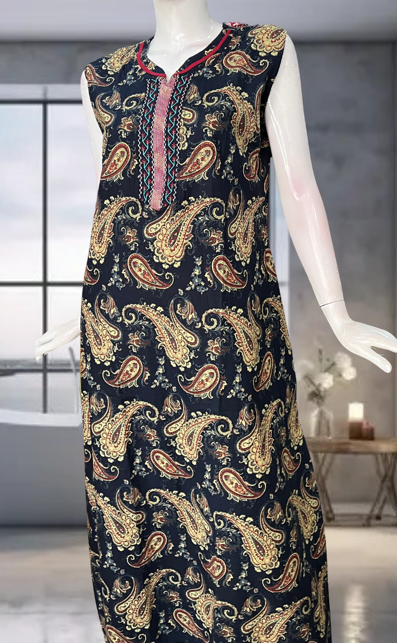 Navy Blue Paisley Print Pure Cotton Sleeveless Nighty. Pure Durable Cotton | Laces and Frills