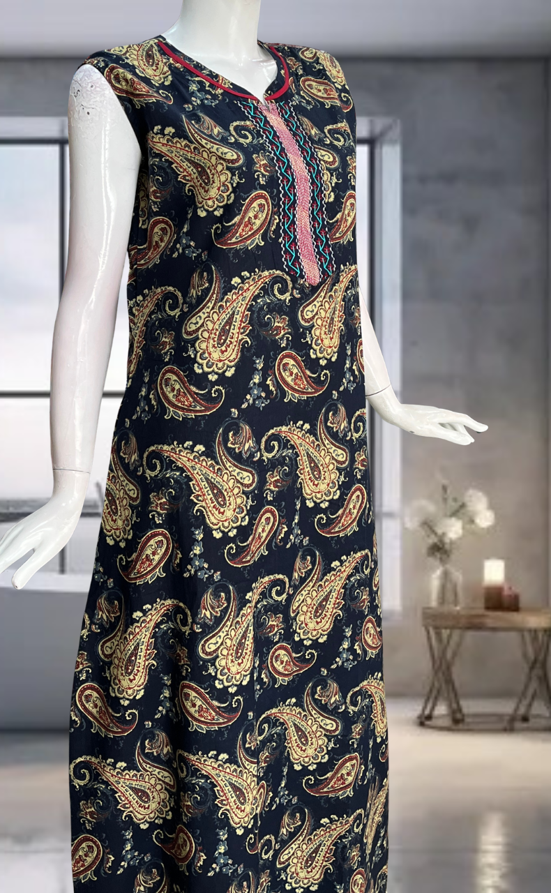 Navy Blue Paisley Print Pure Cotton Sleeveless Nighty. Pure Durable Cotton | Laces and Frills