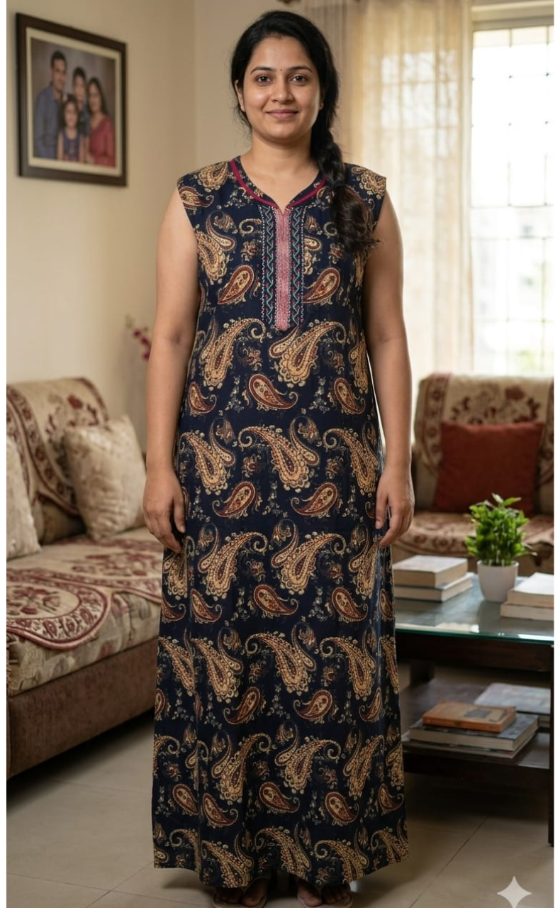 Navy Blue Paisley Print Pure Cotton Sleeveless Nighty. Pure Durable Cotton | Laces and Frills