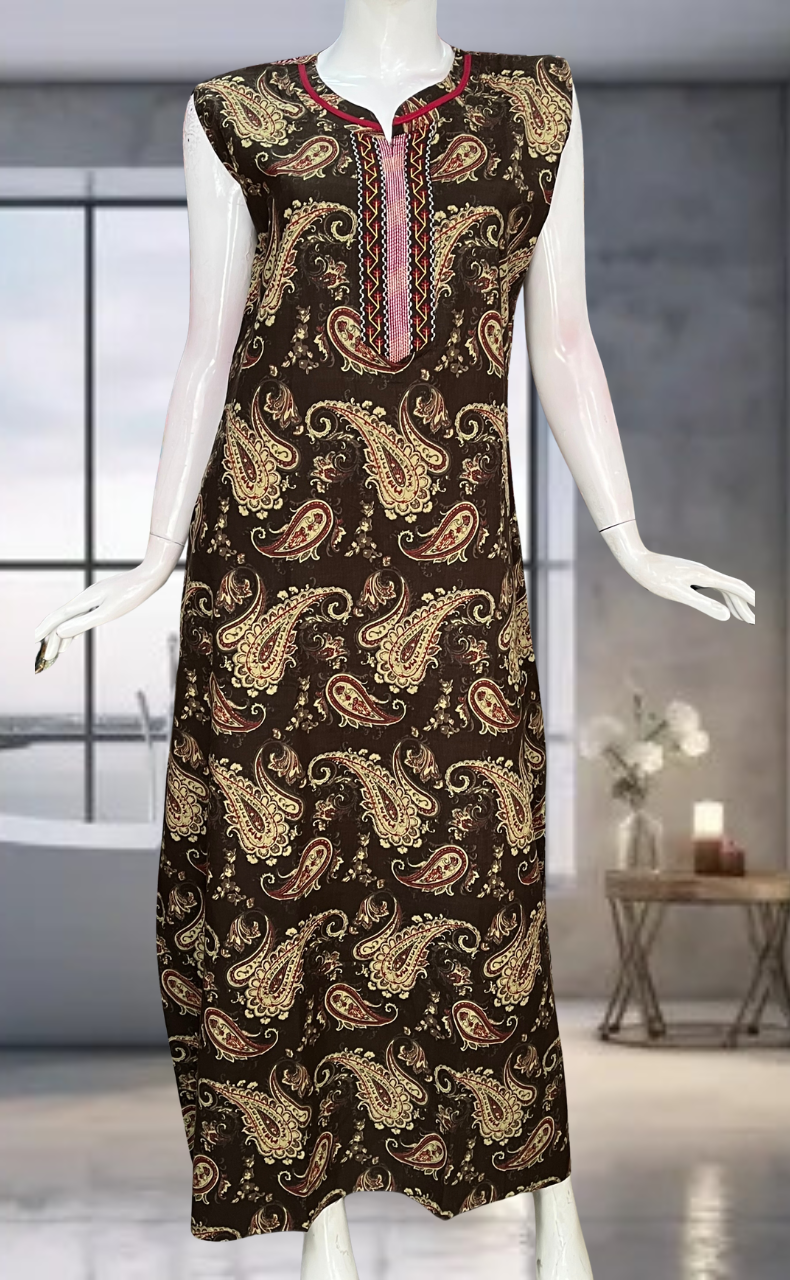 Brown Paisley Print Pure Cotton Sleeveless Nighty. Pure Durable Cotton | Laces and Frills